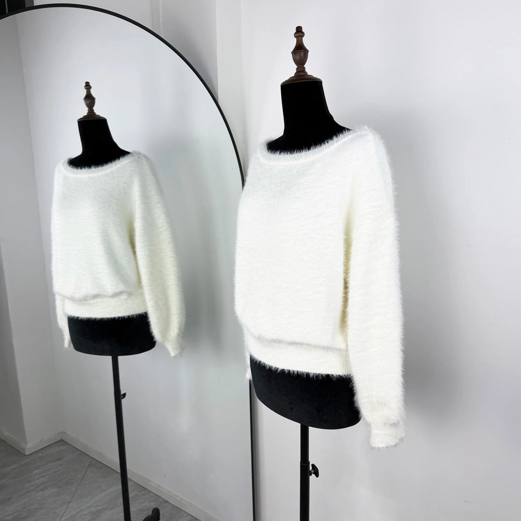 Talenza Women's Plush Pullover Fashion Solid Loose High Street Sweaters Vintage Chic Strapless Autumn Casual Female Pullovers