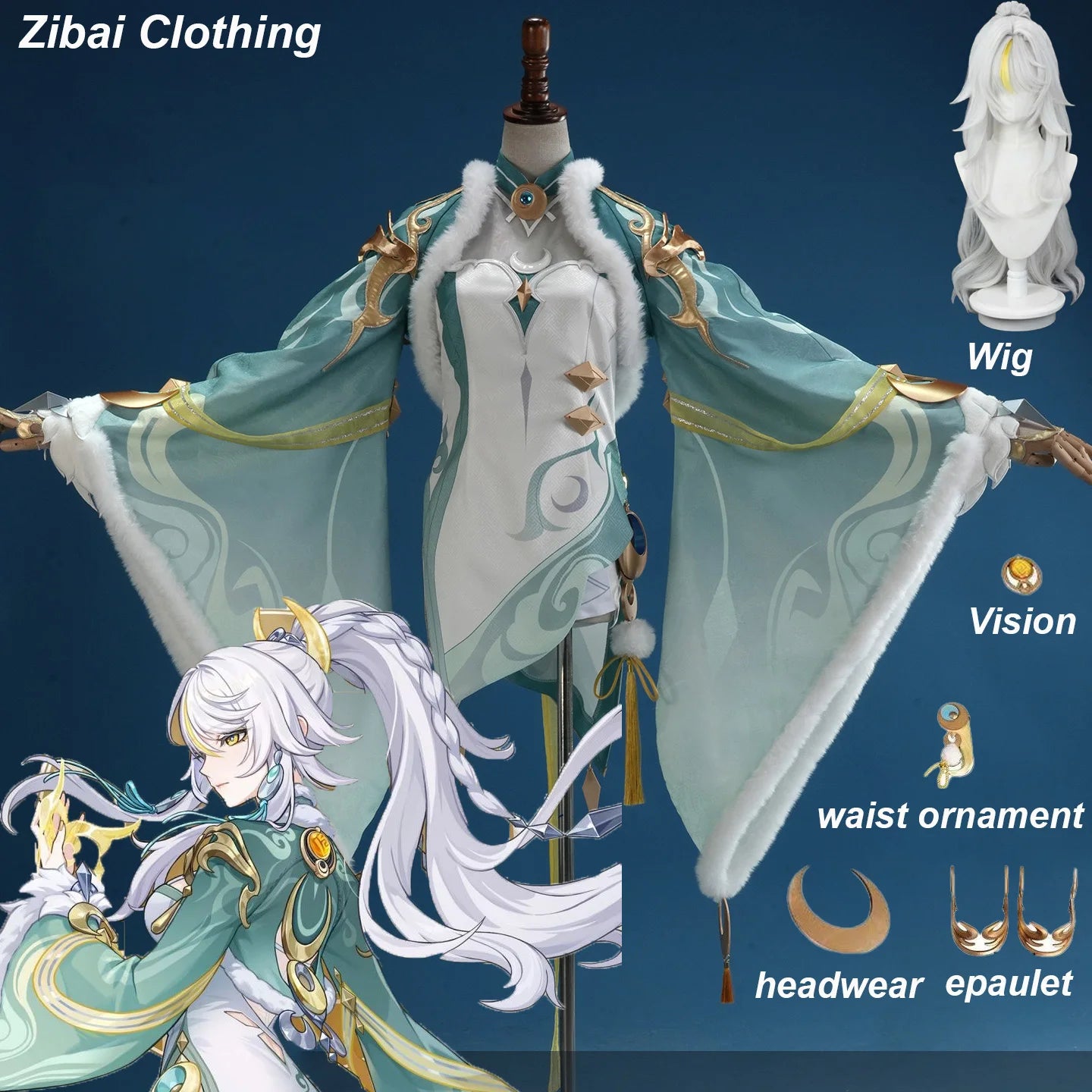Genshin Impact Zibai Cosplay Costume Set: Exquisite Elegant White Qipao with Socks,Accessories Wig Party Comic Con Performance