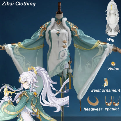 Genshin Impact Zibai Cosplay Costume Set: Exquisite Elegant White Qipao with Socks,Accessories Wig Party Comic Con Performance