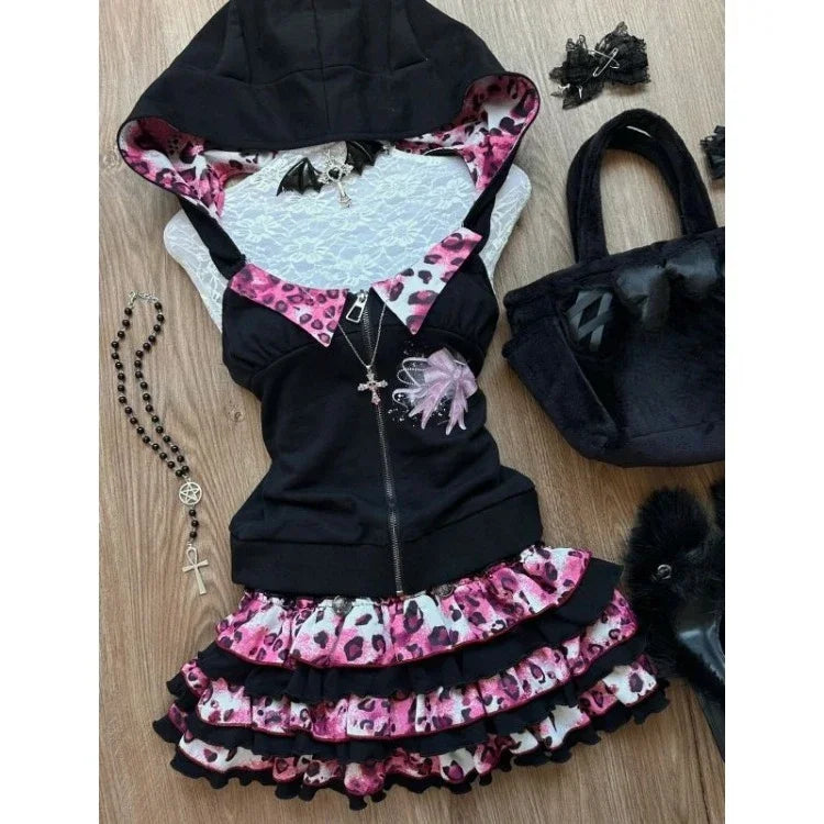 Japanese Sweet Bow Slim Lolita Zipper Hoodie Tops Women+ High Waist Leopard Print Patchwork Cake Skirts Y2K Skirt 2 Piece Sets SS69
