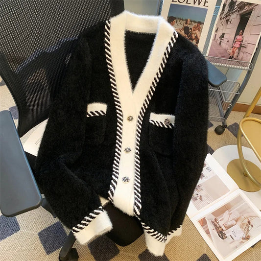 Vintage Elegant Plaid Knitted Cardigan Sweater For Women 2025 Autumn Winter Long Sleeve V-neck Tops Knitwear Fashion Chic Jumper SS69 37.69 Black / S