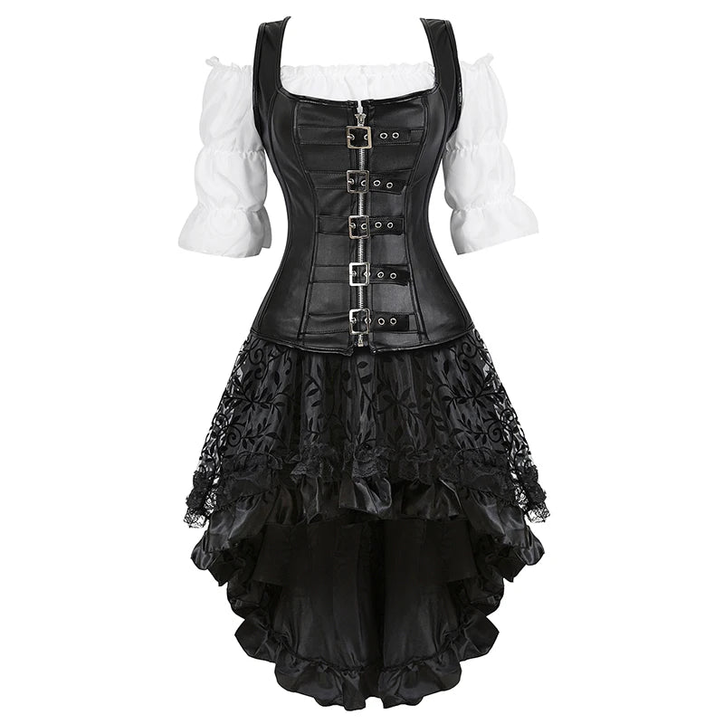 Brown Pirate Dress Plus Size Faxu Leather Steampunk Corset Dress with Shoulder Off Blouse Cosplay Pirate Costume for Women SS69