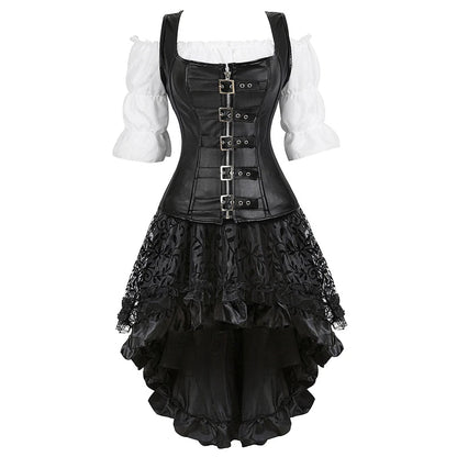 Brown Pirate Dress Plus Size Faxu Leather Steampunk Corset Dress with Shoulder Off Blouse Cosplay Pirate Costume for Women SS69