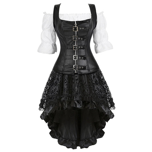 Brown Pirate Dress Plus Size Faxu Leather Steampunk Corset Dress with Shoulder Off Blouse Cosplay Pirate Costume for Women SS69