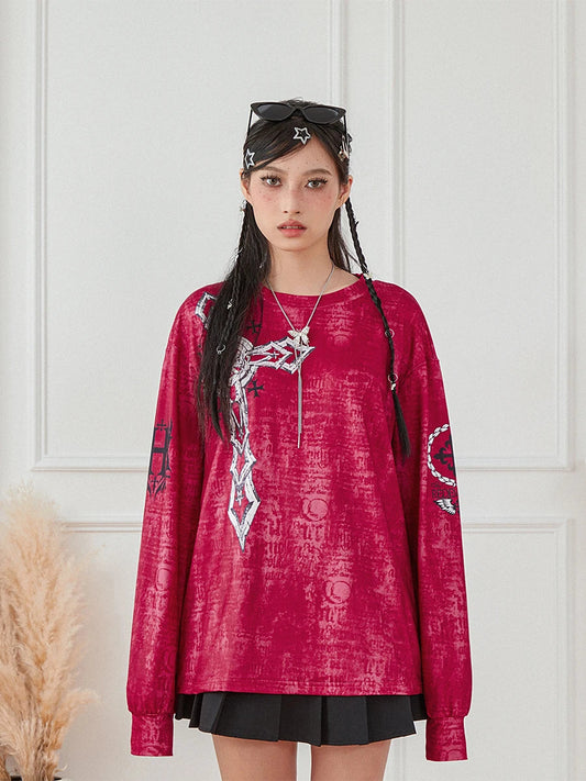 Women s Vintage Graphic Tops Gothic Long Sleeve Round Neck Loose T-Shirts Streetwear Grunge Tops SS69