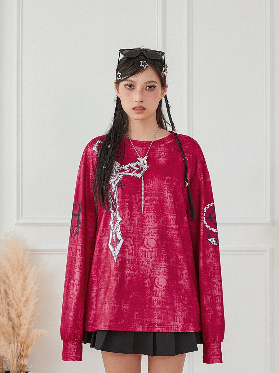 Women s Vintage Graphic Tops Gothic Long Sleeve Round Neck Loose T-Shirts Streetwear Grunge Tops SS69