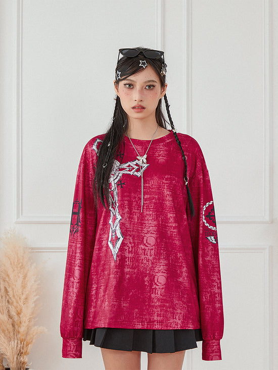 Women s Vintage Graphic Tops Gothic Long Sleeve Round Neck Loose T-Shirts Streetwear Grunge Tops SS69