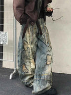 American Street Destruction Style Embroidered Denim Pants Oversized Retro Wash Personality Fashion Loose Casual Wide Leg Jeans