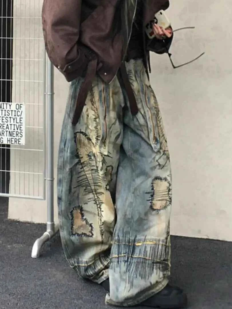 American Street Destruction Style Embroidered Denim Pants Oversized Retro Wash Personality Fashion Loose Casual Wide Leg Jeans