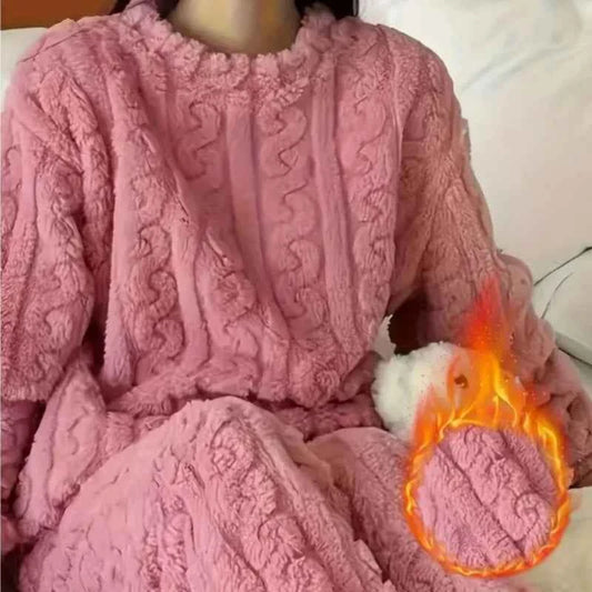 Soft Coral Velvet Jacquard Warm Pajama Set for Women Cozy Loungewear Outerwear for Winter Christmas Back to School Gift ﻿