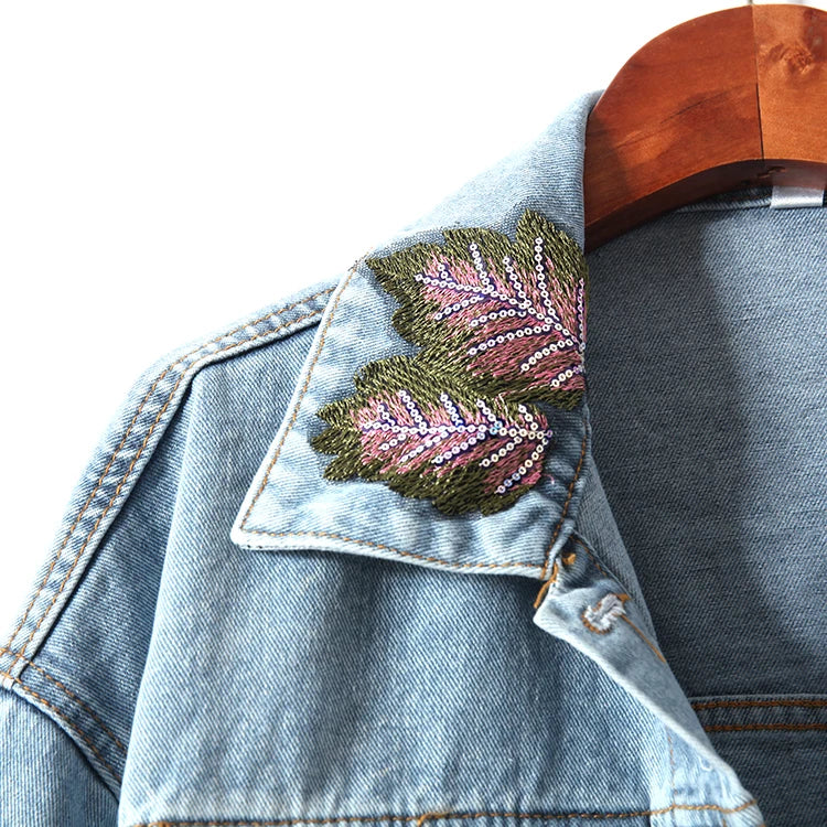 Women Flowers Embroidered Sequined Denim Jacket Spring Autumn Floral Beading Jeans Coat Ribbons Cowboy Cardigan Tops Chaquetas SS69