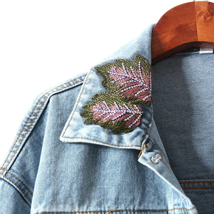 Women Flowers Embroidered Sequined Denim Jacket Spring Autumn Floral Beading Jeans Coat Ribbons Cowboy Cardigan Tops Chaquetas SS69