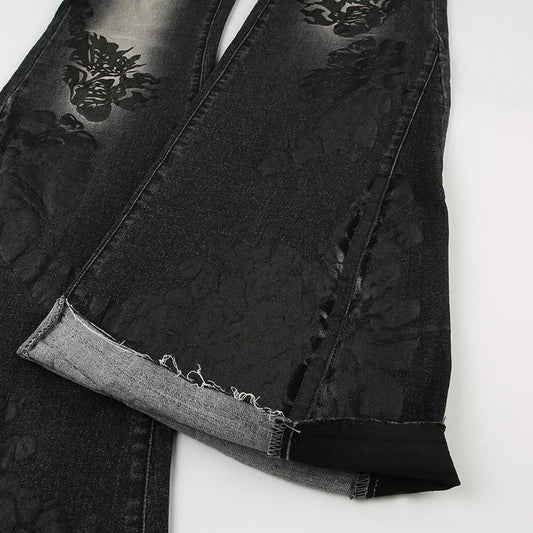 CIBBAR Streetwear y2k Flare Jeans Distressed 2000s Floral Print Low Rise Slim Denim Pants Korean Women Trousers Retro Mom Jeans SS69