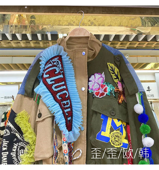 Women Floral Embroidery Sequined Trench Coats Mesh Spliced Ruffles Denim Jacket Hairballs Tassels Jeans Cardigan Streetwear Tops SS69