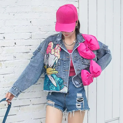 2024 New Women Coat Cartoon Sticker Embroidered Sequin Short Denim Jacket Loose Bowknot Top SS69
