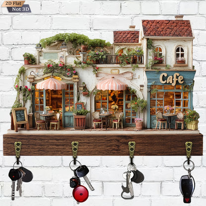 SS69 2D European Coffee House Wooden Wall-Mounted Key Holder with 4 Hooks