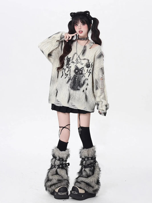 REDDACHiC Faux Fur Leg Warmers with Belt - Vintage Y2k Gyaru Boots Cover