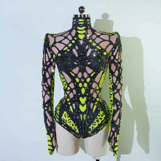 Sexy Stage Sparkly Rhinestones Bodysuit Green Dance Costume Party Bar Show Performance drag queen Outfit Cosplay Halloween pole