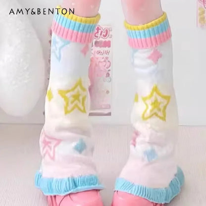 SS69 Japanese Design Y2K Knitted Flared Leg Warmers Colorful Patchwork