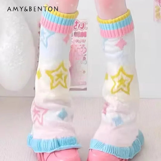 SS69 Japanese Design Y2K Knitted Flared Leg Warmers Colorful Patchwork