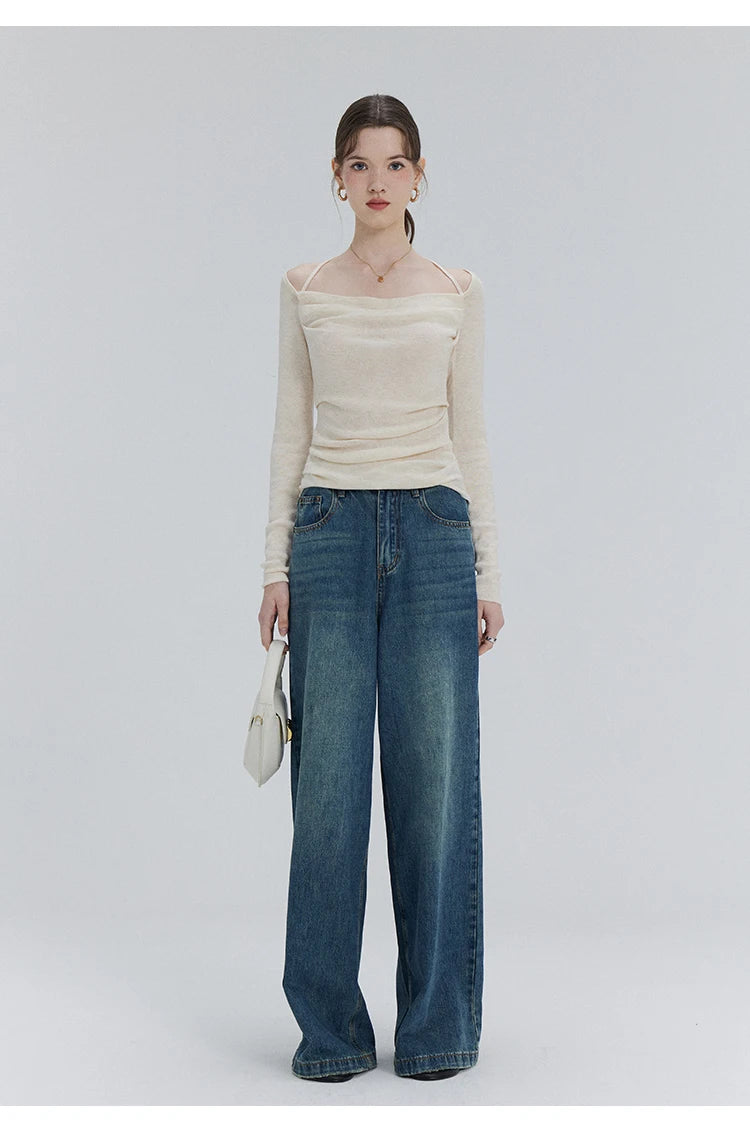 EGGKA Autumn One-shoulder Halter Neck Knitted Tops Women Slim Designer T-Shirts Slash Neck Long Sleeve Tops Korean Fashion Tees - SS69