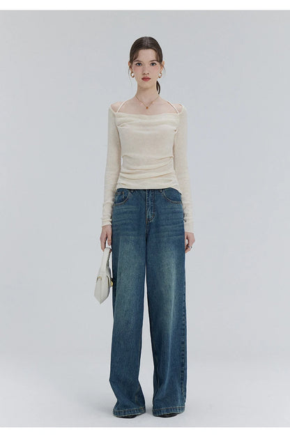 EGGKA Autumn One-shoulder Halter Neck Knitted Tops Women Slim Designer T-Shirts Slash Neck Long Sleeve Tops Korean Fashion Tees - SS69