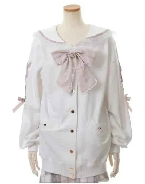 Mine Series Japanese Embroidery Bow Sail Collar Black Long Sweatshirt Coat Women Hoodie Lolita Sweet Girls Pink Hoodies Jacket