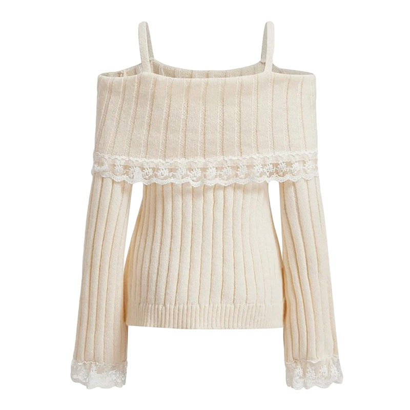 Pretty Cute Outfits Harajuku Cosplay Sweater Kawaii Lace Trim Off Shoulder Pullovers Y2K Aesthetic Vintage Long Sleeve Jumpers SS69