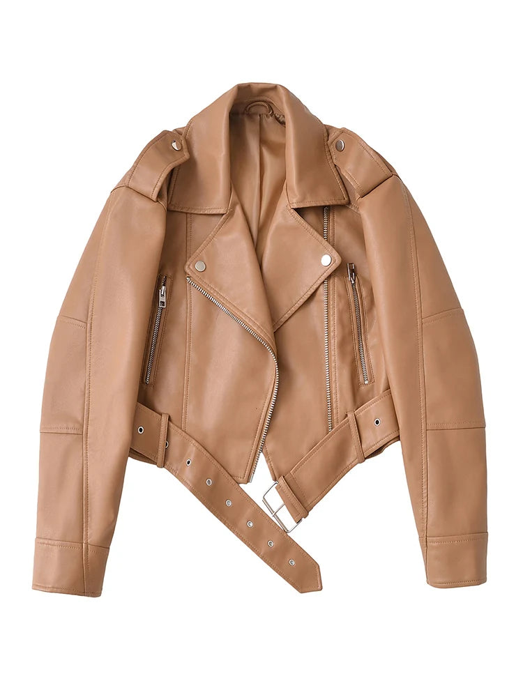 Ailegogo Women's Faux Leather Moto Jacket with Belt
