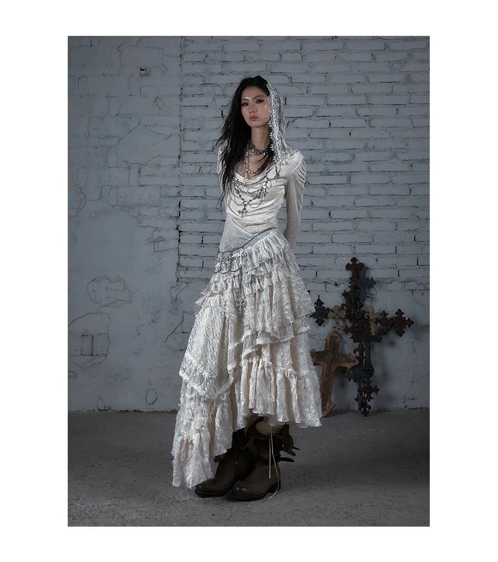 NO ROMANCE Fairy Sexy Punk Printing Half Transparent Lace Patch Knitted Long Sleeve Hooded Dresses Rock Gothic Design Vestidos SS69