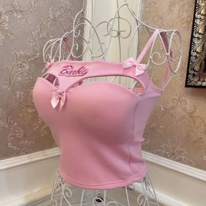 Sweet Barbie Women Tops Sexy Hot Girl Bowknot Embroidered Camis Tank Top Y2k Summer Casual Fashions Streetwear T-shirt Tops Gift SS69