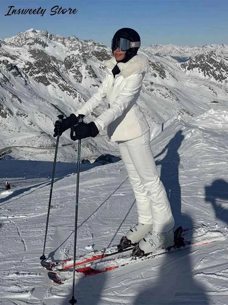 Fashion Solid Warm Ski Suit Women's Hood Fur Trim Full Sleeves Belt Coats High Waist Pants 2025 Winter Lady Windproof Tracksuit