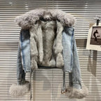 Winter Women Denim Coat Jacket Fox Collar Short  Warm High Street Outerwear Thicken Coat High Quality Luxury Design Party Wear