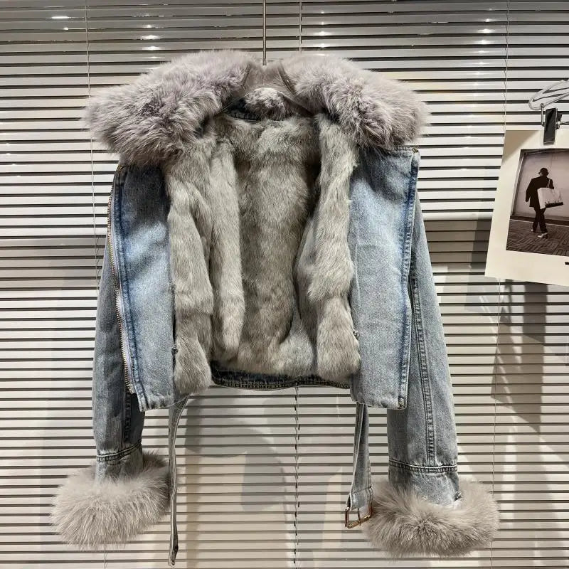 Winter Women Denim Coat Jacket Fox Collar Short  Warm High Street Outerwear Thicken Coat High Quality Luxury Design Party Wear