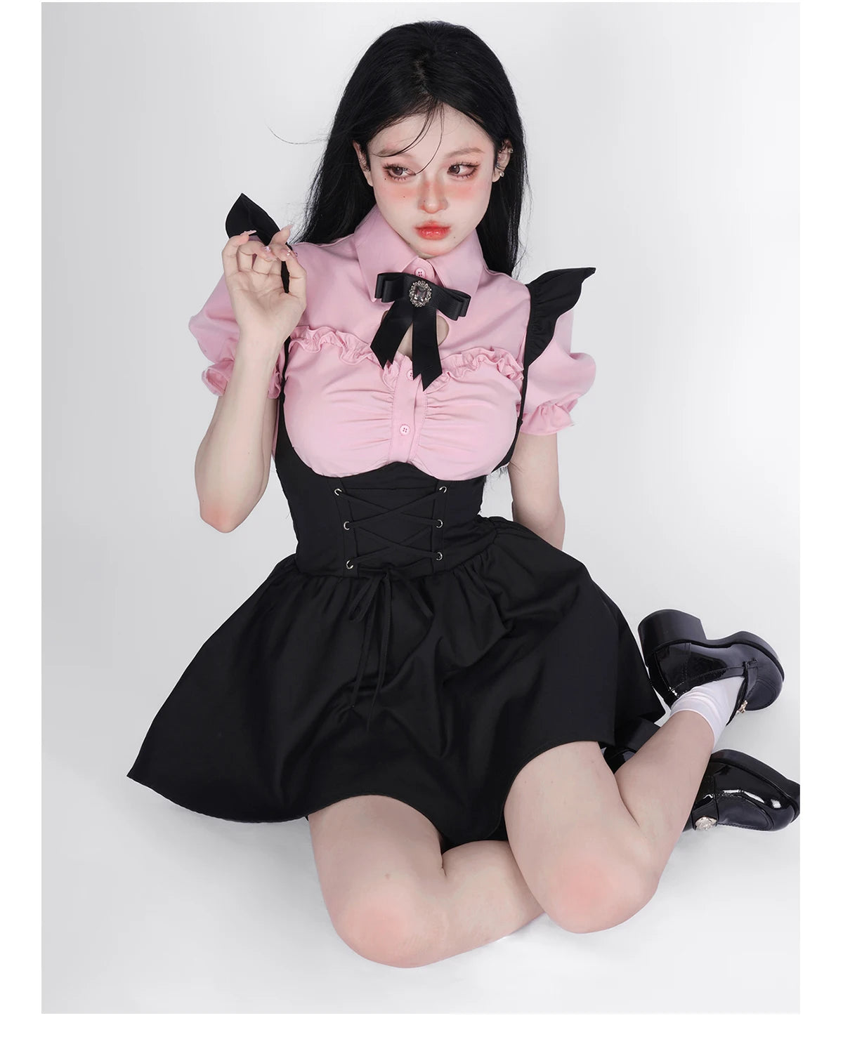 Summer Kawaii Clothing Pink Y2k Crop Tops Blouse + Black Mini Dress Two Piece Set for Women Casual Bodycon Korean Suit Chic SS69