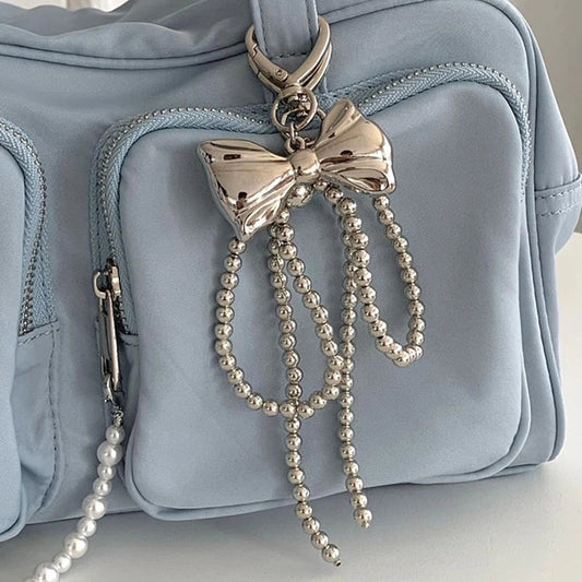 ZAKOL Y2K Korean Cute Beaded Pearl Bowknot Keychain for Women Girls Metal Bow Pendant Bag Decoration Accessories SS69 10.69 Sliver Color set