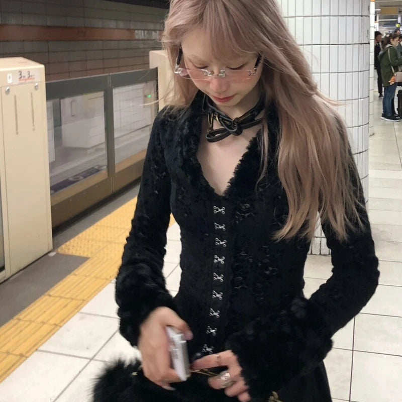 Deeptown Y2k Black Vintage Lace Gothic Women Shirt Harajuku V Neck Hollow Out Long Sleeve Japanese Fashion Blouses Slim Gyaru SS69