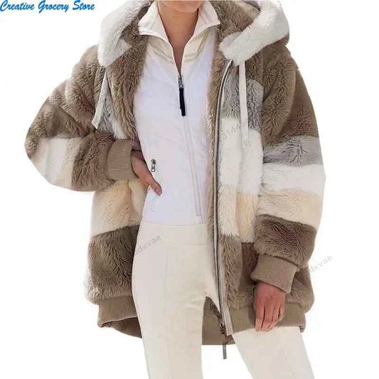 Warm Fleece Oversized Hooded Jacket Women's Autumn Winter Thickened Zipper Pocket Patchwork Clothing Comfortable Sweatshirt