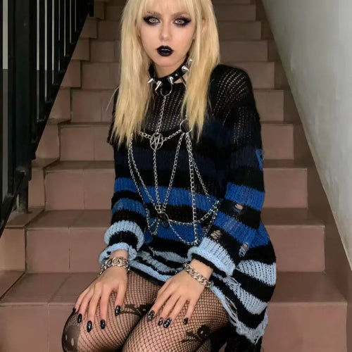New Women's Punk Gothic Oversized Pullover Sweater Striped Hollow out Cool Harajuku Aesthetics Spring Autumn