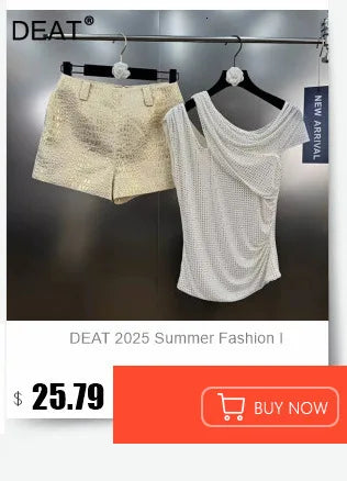 DEAT Women's Two-Piece Set Mesh Splicing T-Shirt and Denim Shorts Outfit