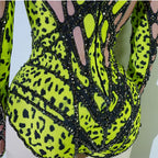 Women's Green Rhinestone Bodysuit High Elasticity Dance Outfit