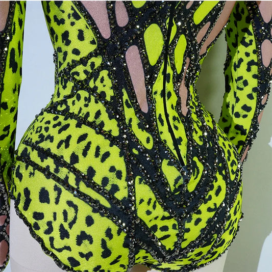 SS69 Women's Rhinestone Embellished Green Bodysuit High Elasticity Dance Outfit