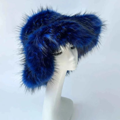 Luxury Fluffy Women Faux Fur Bucket Hats Oversized 17cm Wide Brim Thicken Outdoor Warm Plush Punk Hat Girl Y2k Female Ski Panama