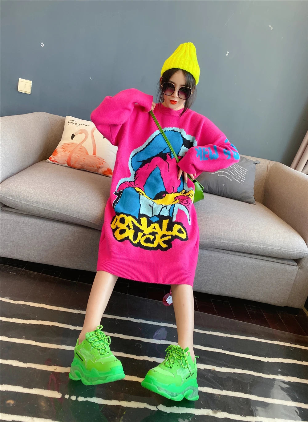 Korean Long-Sleeved Pullover Sweater Loose Fashion Women Autumn Winter Cartoon Embroidered Thickened Long Section Knitted Top SS69