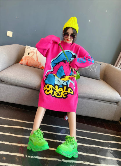 Korean Long-Sleeved Pullover Sweater Loose Fashion Women Autumn Winter Cartoon Embroidered Thickened Long Section Knitted Top SS69