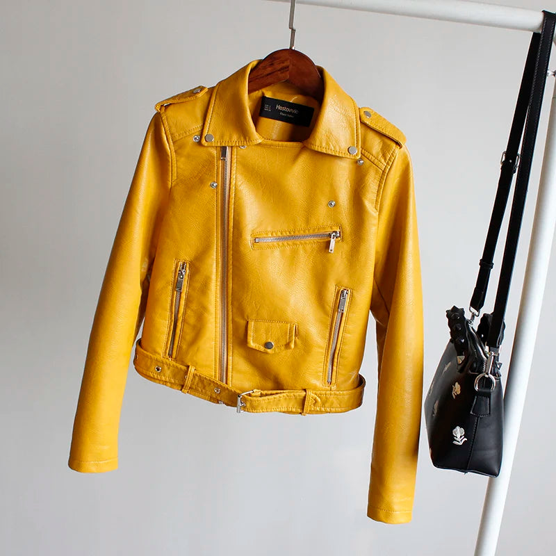 Women's PU Leather Motorcycle Jacket - Slim Fit, Turn-Down Collar