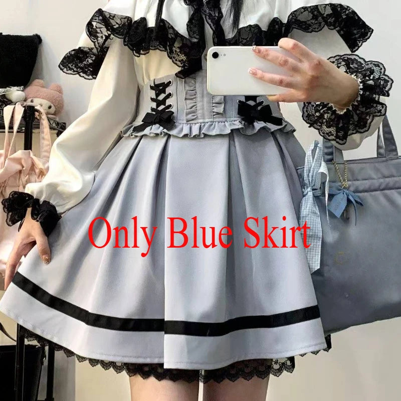 Japanese Kawaii Mini Cake Skirts Womens Jupe Fairy Bandage Lolita High Waist Y2k Aesthetic Sweet Lace Gothic JK Faldas Skirt SS69 20.69 444 blue skirt / S