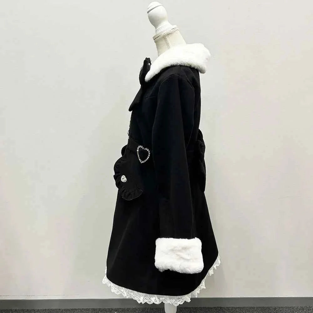 Japanese Sweet Winter Woolen Coat Lolita Style Cute Big Bow Fungus Edge Long Sleeve Slim Kawaii Girls Women Elegant Overcoat