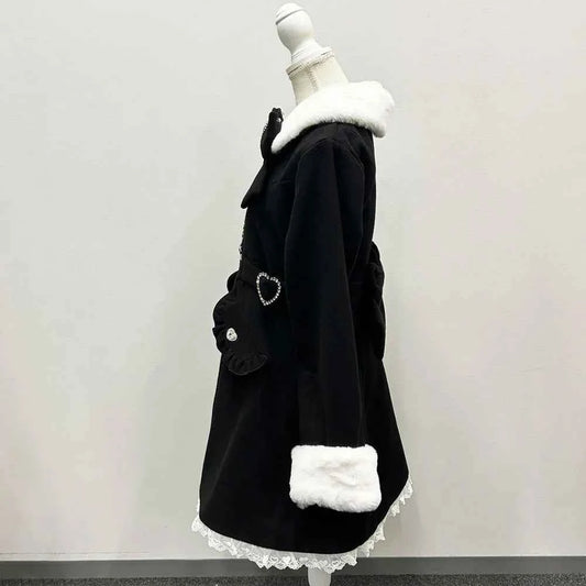Japanese Sweet Winter Woolen Coat Lolita Style Cute Big Bow Fungus Edge Long Sleeve Slim Kawaii Girls Women Elegant Overcoat