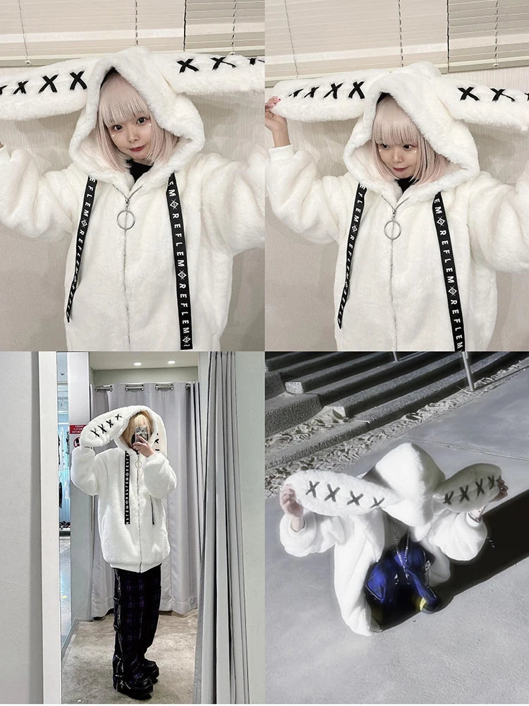 Nerazzurri Winter Sweet Cute Kawaii Soft Thick Warm White Faux Fur Coat Women with Bunny Ears Cute Fluffy Jacket Hoodie 2024 SS69